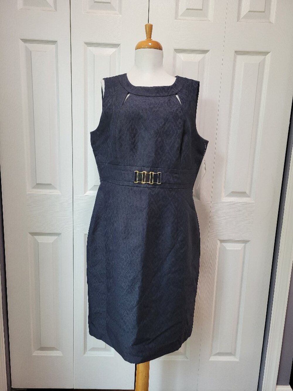 TAHARI Arthur S Levine Navy Blue Gold Accent Jacquard Sheath Dress sz 14 NWT
